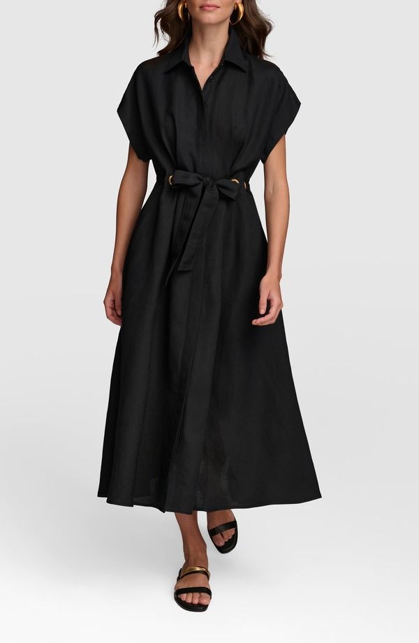 ダナ キャラン ニューヨーク レディース トップス ワンピース ドローコードウエスト シャツ リネン Donna Karanew York Drawstring Waist Linen Blend Shirtdress Black ブラック