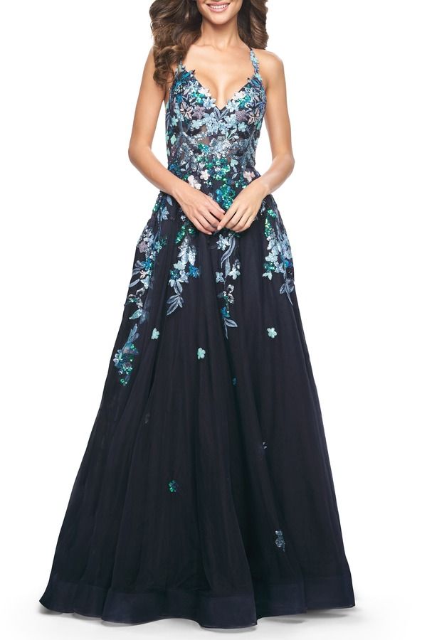 ラフェム レディース トップス ワンピース チュール A ライン フラワー柄 スパンコール レース フラワー La Femme Gorgeousequin Floralace Applique ALine Tulle Prom Dress Navy ネイビー