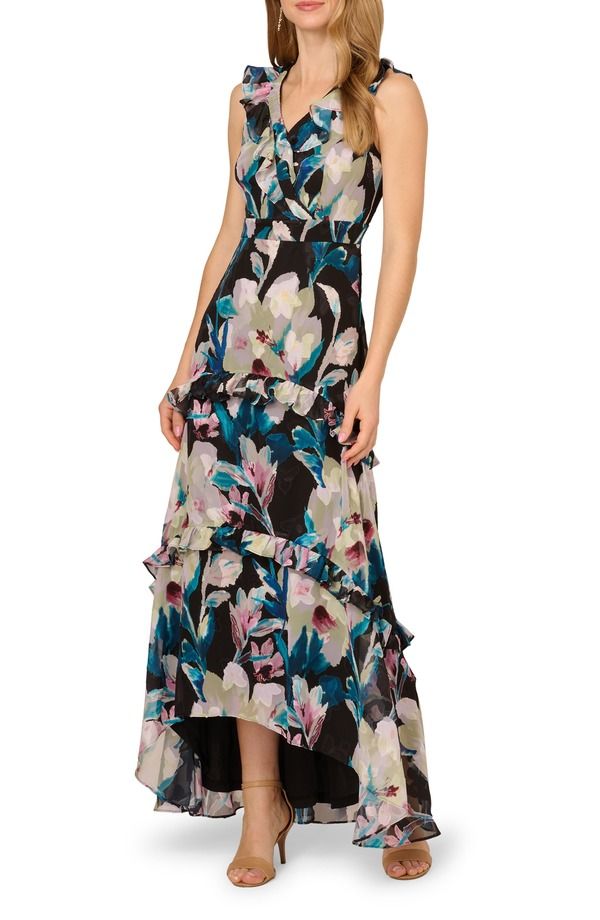 アドリアナ パペル レディース トップス ワンピース シフォン フラワー柄 フリル フラワー Adrianna Papell Floral Ruffle Chiffon Eveningown Black Multi ブラック