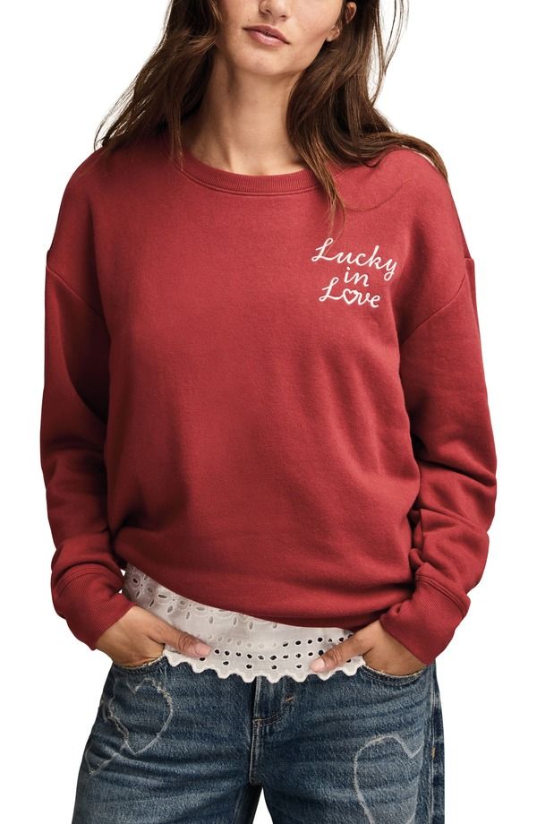 ラッキーブランド レディース トップス シャツ クルーネック スウェット Lucky Brand Valentine Heart Crewneck Sweatshirt Redahlia レッド