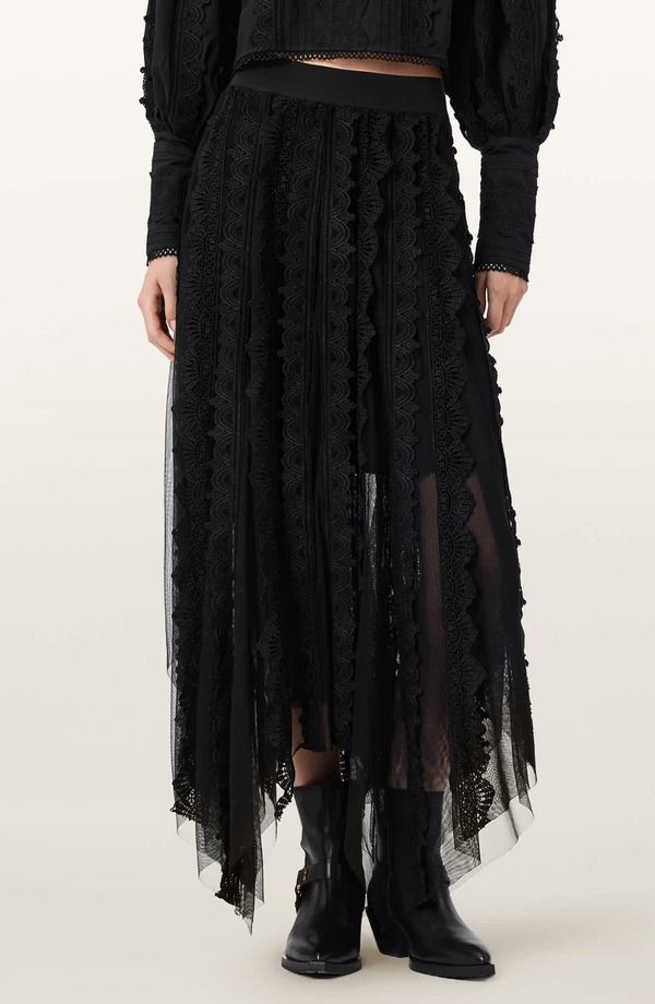 オールセインツ レディース ボトムスカート レース AllSaints Vashtie Mixed Lace Handkerchief Hem Skirt Black ブラック