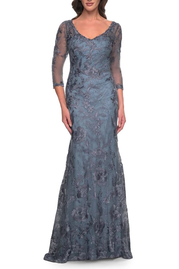 ラフェム レディース トップス ワンピース シアー レース La Femme Long Fitted Lace Dress with V Neckline and Sheer Sleevesmoky Blue ブルー