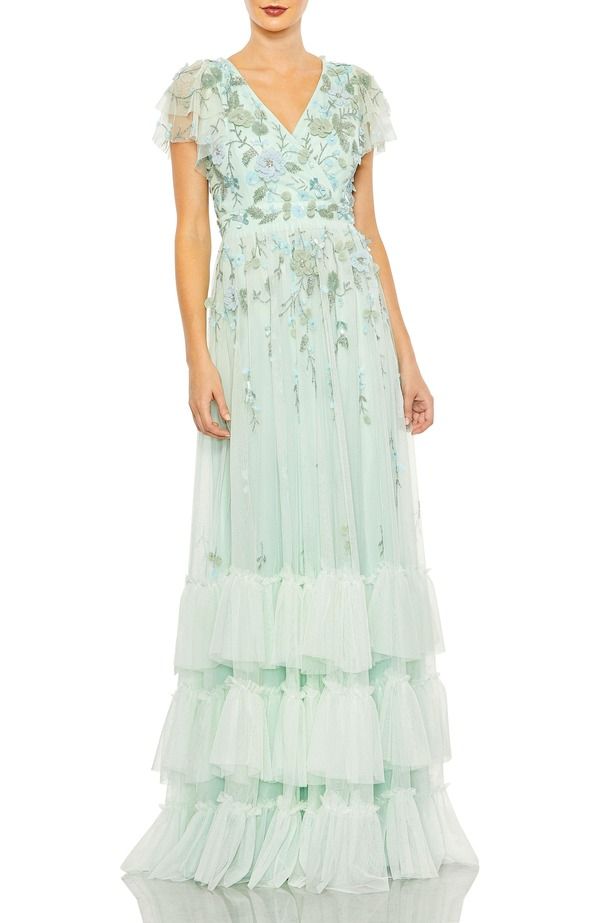 マックダガル レディース トップス ワンピース ティアード フリル Mac Duggal Ruffle Tiered Embellished Flutter Sleeve Gown Seafoam
