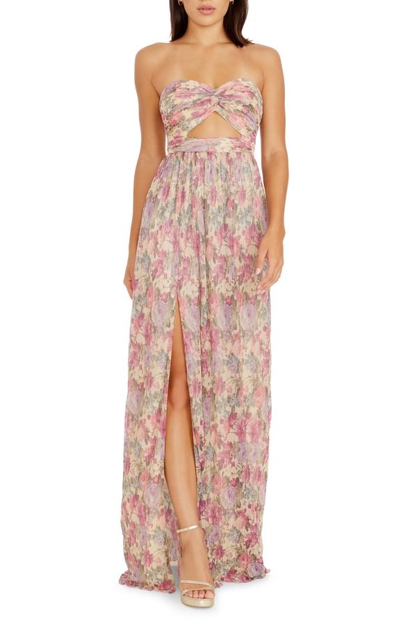ドレスザポプレーション レディース トップス ワンピース カットアウト フラワー柄 トール ストラップレス マキシ フラワー Dress the Population Angelique Floral Cutout Metallic Strapless Max