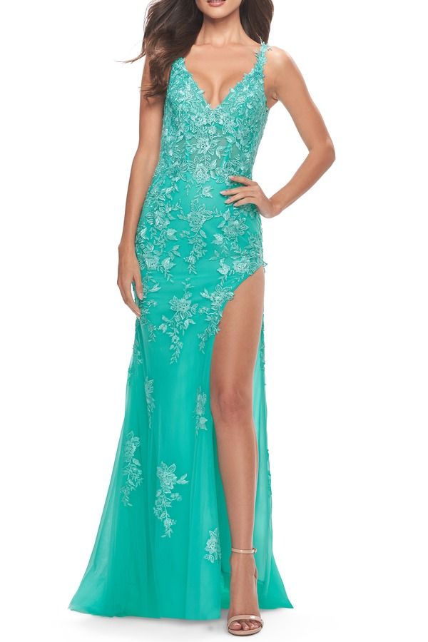 ラフェム レディース トップス ワンピース サイドスリット レース La Femme Lace Long Dress withigh Side Slit and V Neckline Aqua アクア