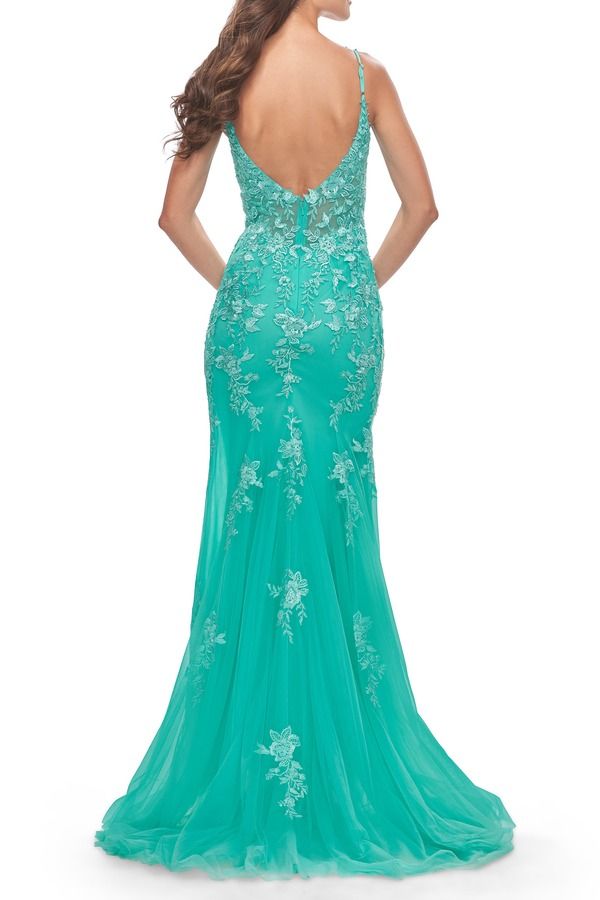 ラフェム レディース トップス ワンピース サイドスリット レース La Femme Lace Long Dress withigh Side Slit and V Neckline Aqua アクア