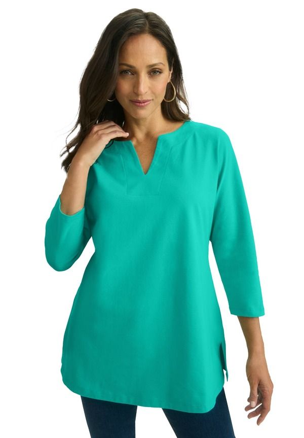 ジェシカロンドン レディース トップス シャツ コットン Jessica London Stretch Cottonotch Neck Tunic Aqua Sea アクア