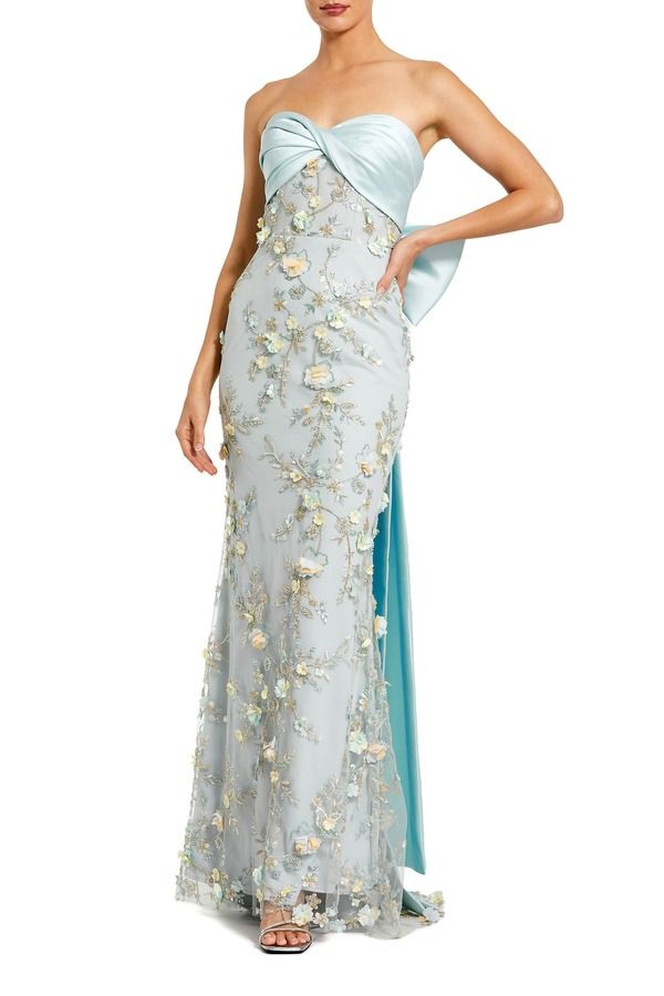 マックダガル レディース トップス ワンピーストラップレス Mac Duggal Straplessweetheard Embellished Gown With Bow Blue ブルー