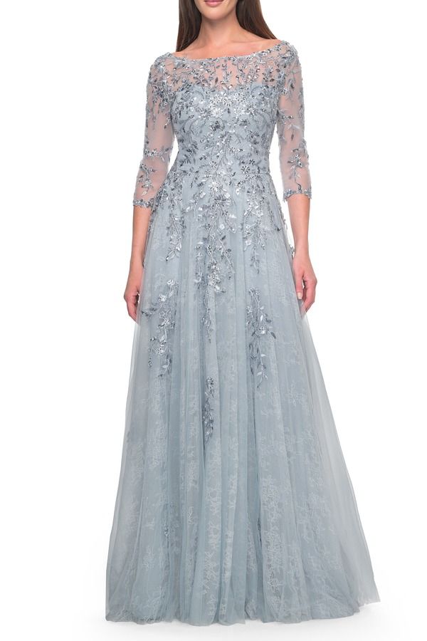 ラフェム レディース トップス ワンピース A ライン レース La Femme ALine Lace and Beaded Mother of the Bride Gown Dusty Blue ブルー