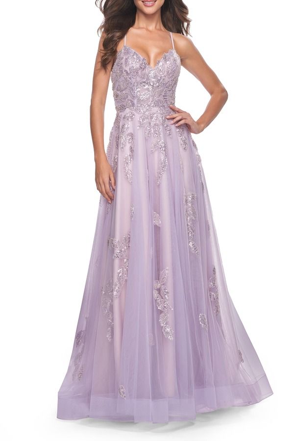 ラフェム レディース トップス ワンピース チュール A ライン フラワー柄 フラワー La Femme Two Tone Tulle ALine Prom Dress with Floral Beadedetailavender ラベンダー