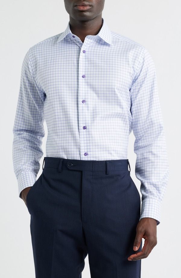 デイビッドドナヒュー メンズ トップス シャツ コットン Davidonahue Trim Fit Windowpane Cotton Dresshirt WhiteLilac ホワイト