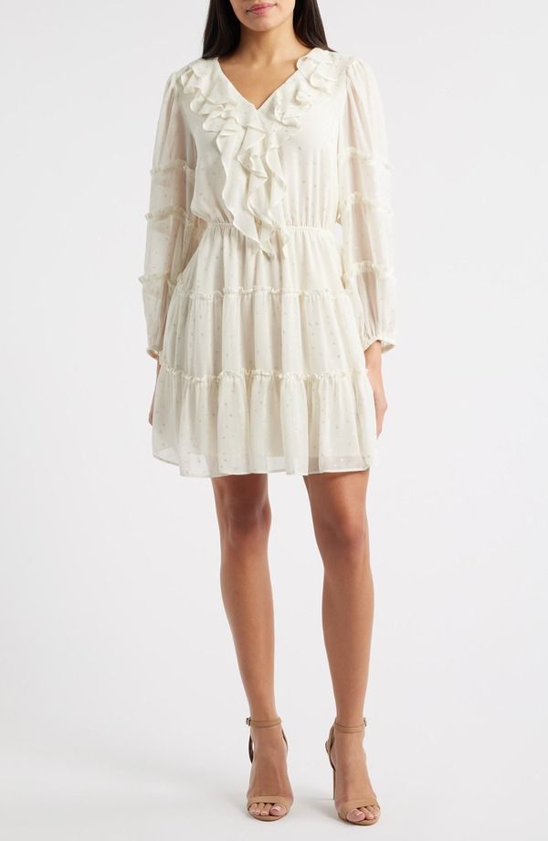 セセ レディース トップス ワンピース フリル トール CeCe Metallic Dot Long Sleeve Ruffle Dress New Ivory アイボリー