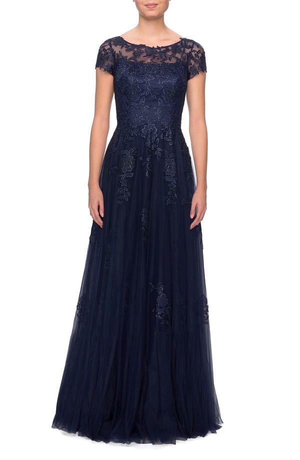 ラフェム レディース トップス ワンピース A ライン レース La Femme Beaded Lace Rhinestone Alineveningownavy ネイビー