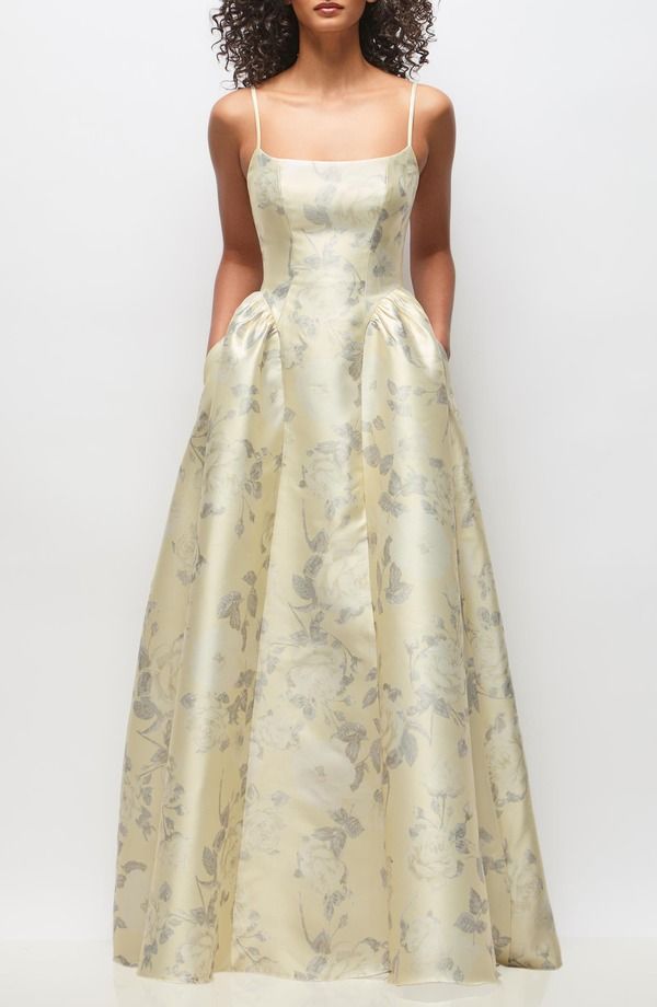 ドレッシーコレクション レディース トップス ワンピース フラワー柄 サテン ノースリーブ フラワー Dessy Collection Floral Sleevelessatin Ballgown Butter Yellow Floral イエロー