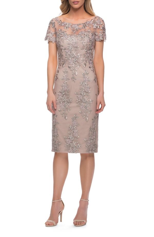 ラフェム レディース トップス ワンピース レース La Femme Short Sleeve Below the Knee Lace Dress Nude