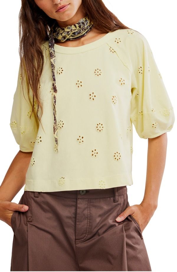 フリーピープル レディース トップス シャツ Free People Jessieyelet Puff Sleeve Top Lemon Water Combo