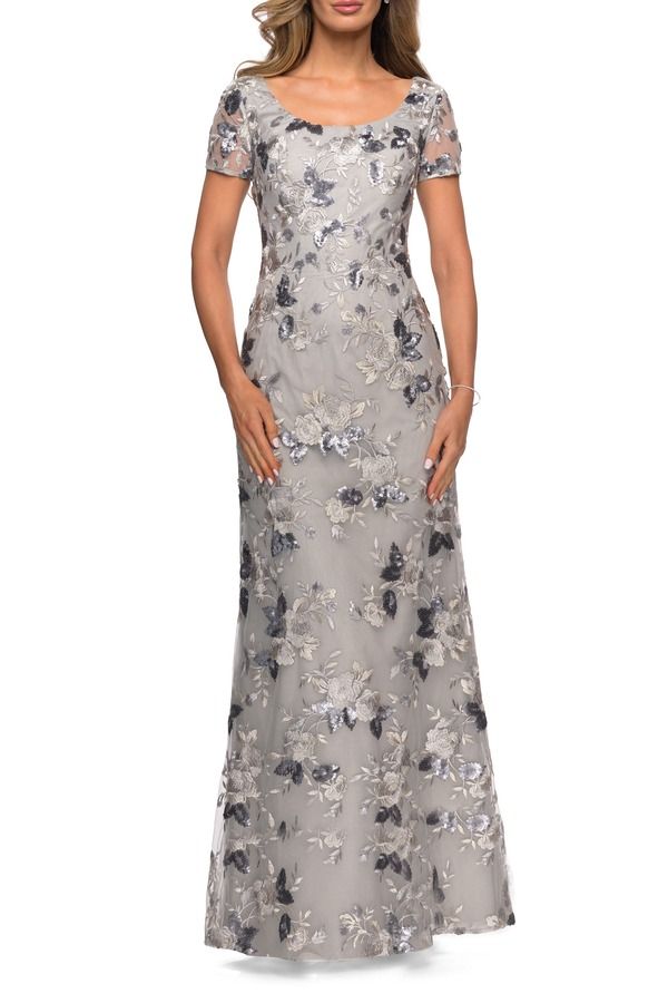 ラフェム レディース トップス ワンピース フラワー柄 フラワー La Femme Floral Short Sleeve Formal Dress with Scoop Neck Silver シルバー