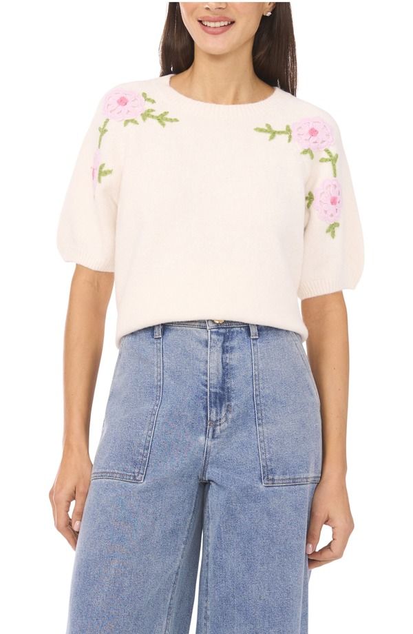 セセ レディース アウター パーカー・スウェット フラワー柄 セーター 刺繍 フラワー CeCe Floral Embroidered Short Sleeve Sweater Birch