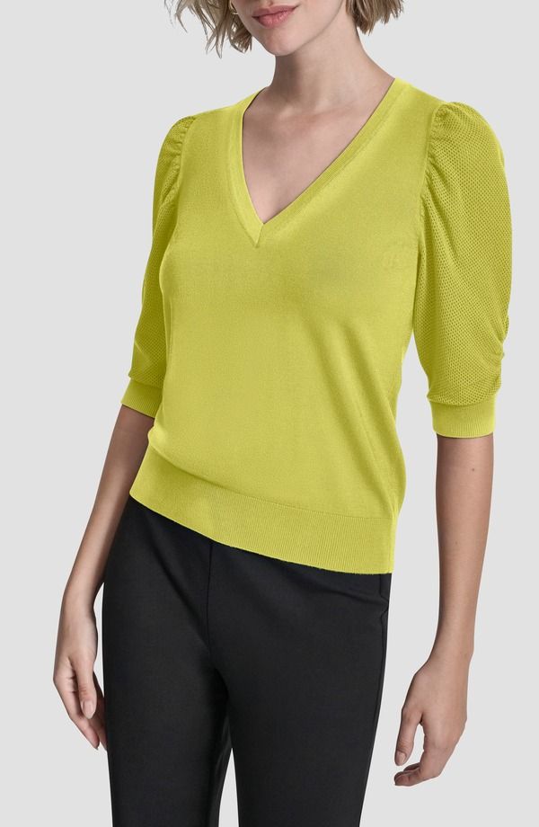 ダナ キャラン ニューヨーク レディース アウター パーカー・スウェット Vネック セーター DKNY Puff Sleeve VNeck Sweater Limeade