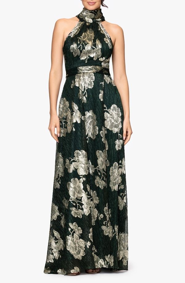 ベッツィアンドアダム レディース トップス ワンピース フラワー柄 トール フラワー Betsy Adam Crinkle Metallic Floral Gown Hunter Gold ゴールド 27,820円