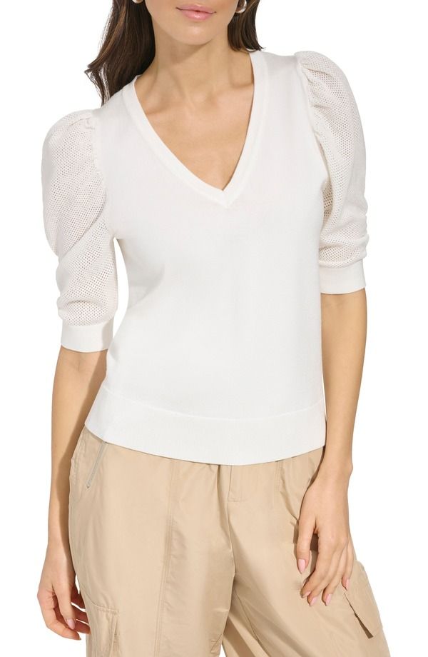 ダナ キャラン ニューヨーク レディース アウター パーカー・スウェット Vネック セーター DKNY Puff Sleeve VNeck Sweater Ivory アイボリー