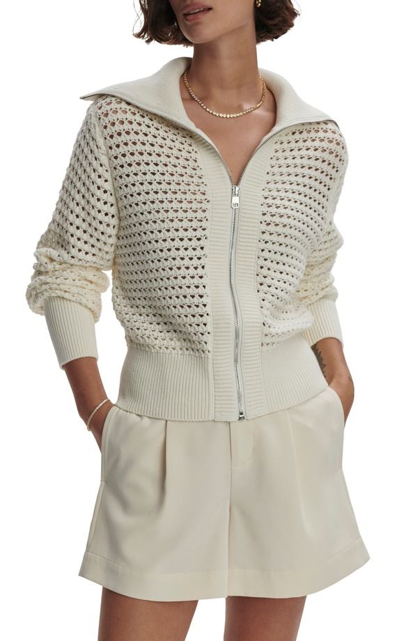 バーレイ レディース アウター パーカー・スウェット コットン カーディガン Varley Eloise Open Stitch Cotton ZipUp Cardigan Egret