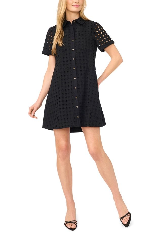 セセ レディース トップス ワンピース ミニ シャツ コットン CeCe Cotton Eyelet Mini Shirtdress Rich Black ブラック