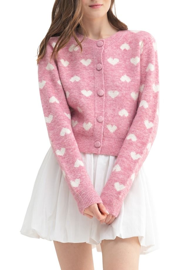 オールインフボール レディース アウター パーカー・スウェット カーディガン All in Favor Heart Jacquard Cardigan Pink Cream クリーム