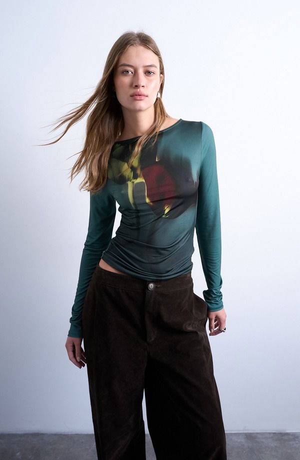 トップショップ レディース トップス シャツ フラワー柄 プリント フラワー Topshop Abstract Floral Print Boat Neck Top Dark Green グリーン