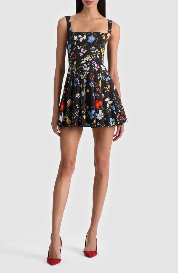 アリス アンド オリビア レディース トップス ワンピース フラワー柄 プリーツ ミニ コットン フラワー Alice Olivia Veda Floral Pleated Stretch Cotton Minidress Twisting Vines Bla