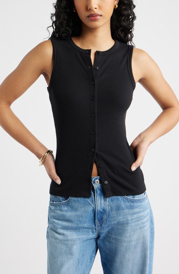 オープンエディット レディース トップス シャツ Open Edit RibuttonUp Tank Black ブラック