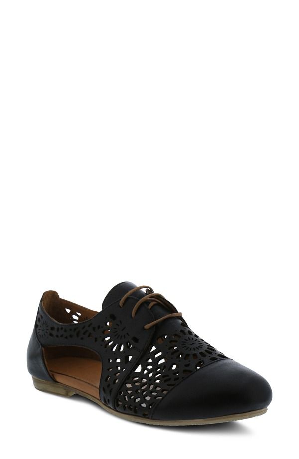 スプリングステップ レディース シューズ パンプス カットアウト ダービー Spring Step Theone Cutout Derby Flat Black Leather ブラック