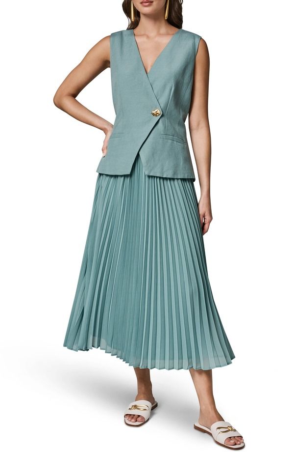 ダナ キャラン ニューヨーク レディース トップス ワンピース プリーツ ミディ リネン Donna Karanew York Mixed Media Linen Blend Pleated Midi Dress Waterlily