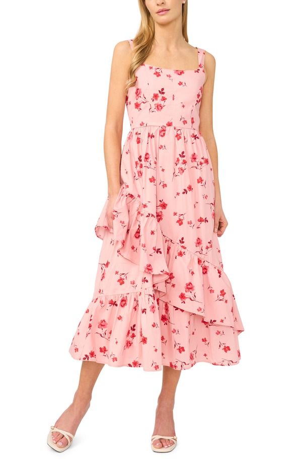 セセ レディース トップス ワンピース フラワー柄 フリル ミディ コットン フラワー CeCe Floral Ruffle Detail Stretch Cotton Midi Dress Coral Bloom コーラル
