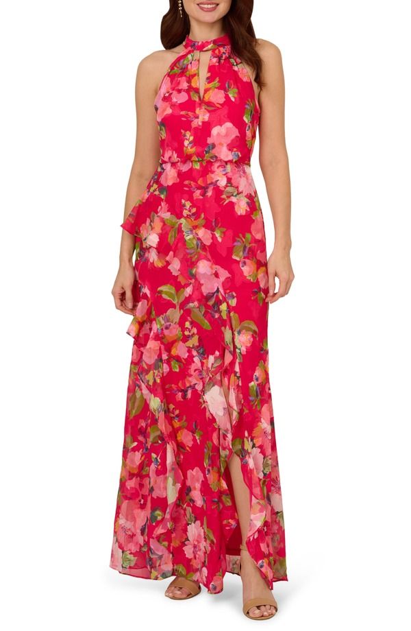 アドリアナ パペル レディース トップス ワンピース フラワー柄 フリル フラワー Adrianna Papell Floral Ruffle Mermaid Cocktail Dress Pink Multi ピンク の商品写真