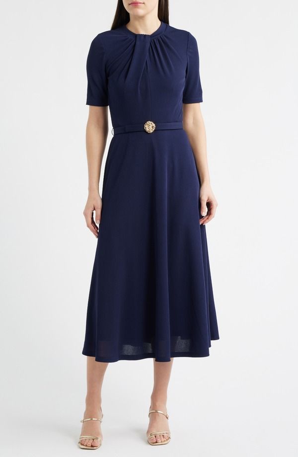 アンクライン レディース トップス ワンピース ミディ Anne Klein Twist Neck Belted Midi Dress Deep Navy ネイビー