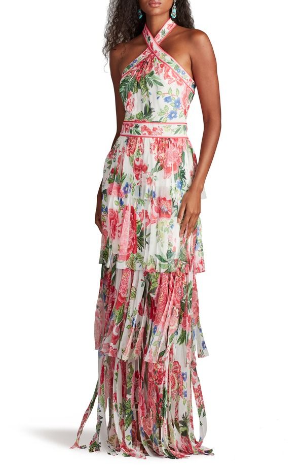 タダシショージ レディース トップス ワンピース ティアード フラワー柄 プリント フラワー ホルター Tadashi Shoji Floral Printwistiered Halter Gown White Fuchsia Floral ホワイト