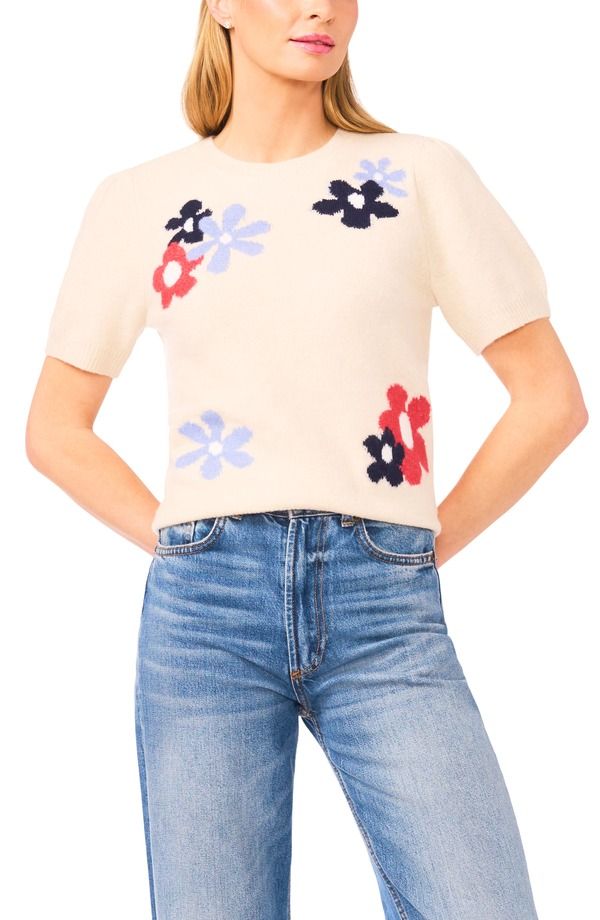 セセ レディース アウター パーカー・スウェット セーター CeCe Groovy Flower Short Sleeve Sweater Birch