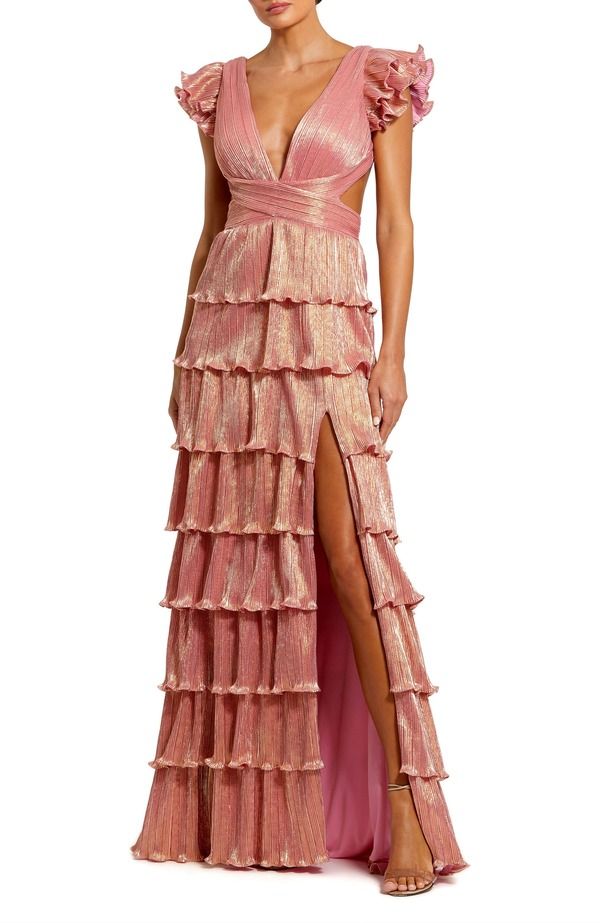 マックダガル レディース トップス ワンピース ティアード フリル レース Mac Duggal Ruffle Tiered Criss Cross Lace Up Gown Coral コーラル