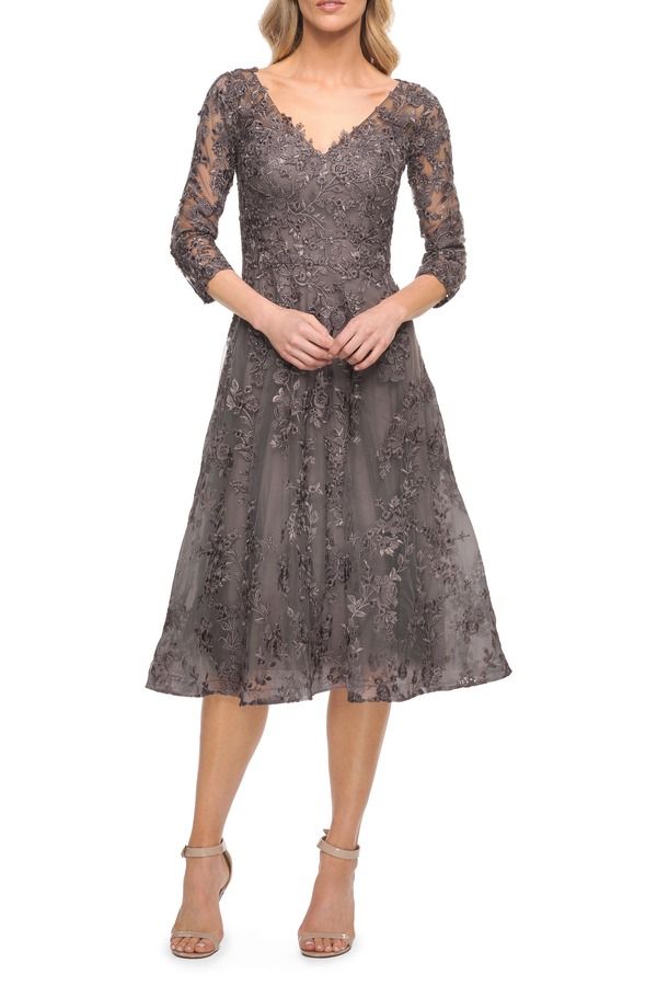 ラフェム レディース トップス ワンピース レース La Femme Tea Length Lacevening Dress with Sleeves Gunmetal ガンメタル