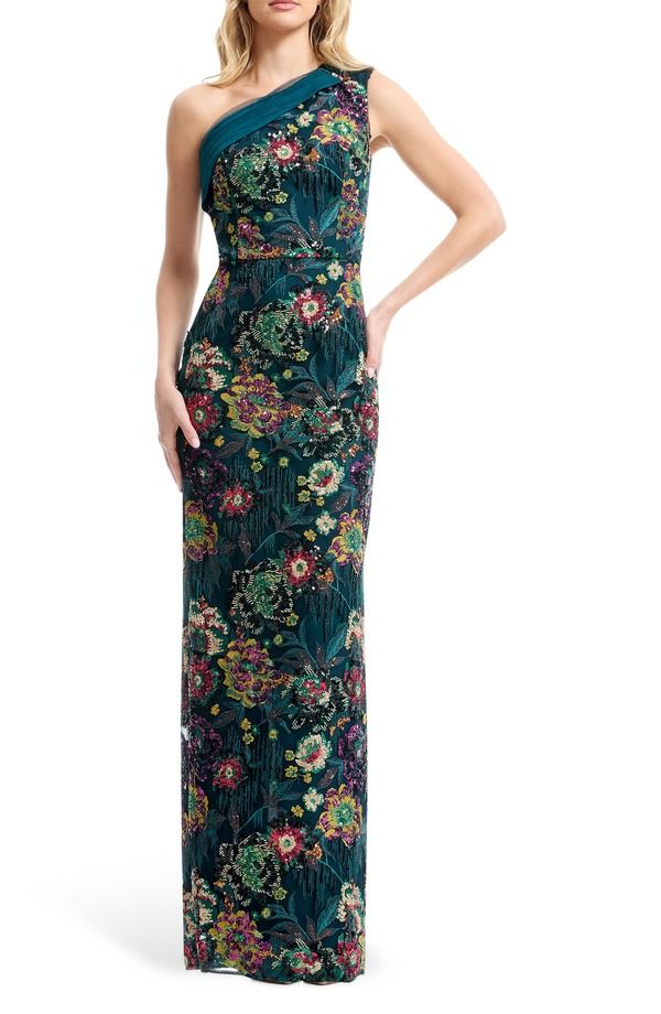 ドレスザポプレーション レディース トップス ワンピース ワンショルダー スパンコール Dress the Population Sawyer Beaded Sequin OneShoulder Gown Peacock Blue Multi ブルー