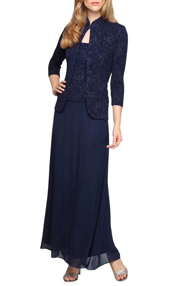 アレックスイブニングス レディース トップス ワンピース ジャケット Alex Evenings TwoPiece Jacquard Gown with Jacket Navy ネイビー