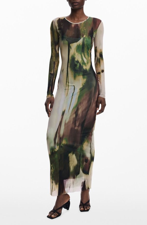 デジグアル レディース トップス ワンピース プリント メッシュ マキシ Desigual Print Mesh Long Sleeve Maxi Dress Military Green グリーン