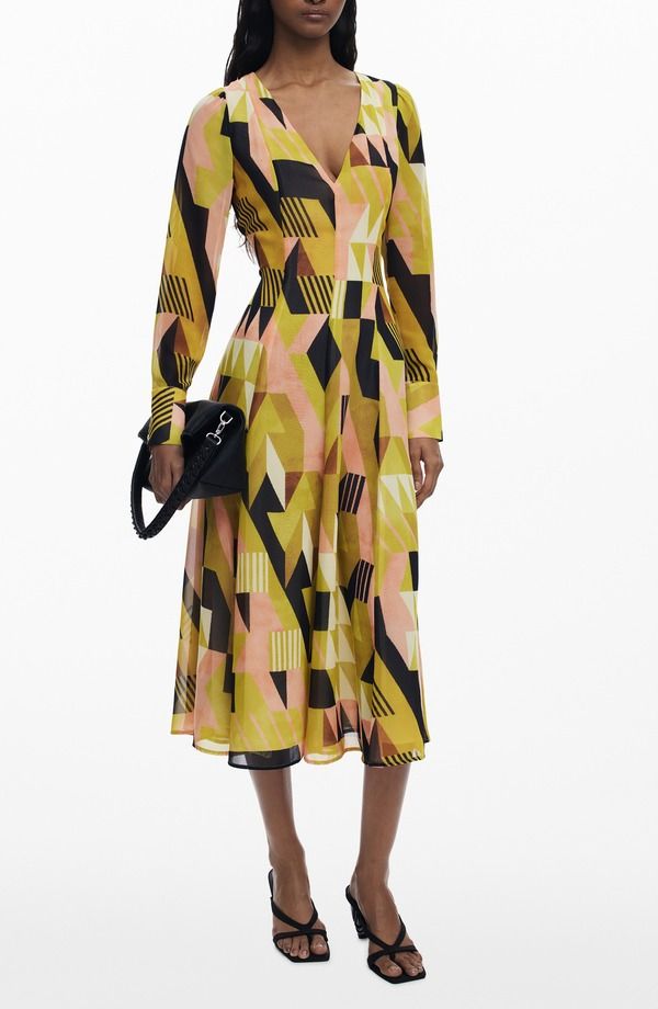 デジグアル レディース トップス ワンピース ミディ Desigual Geometric Long Sleeve Midi Dress Warm Green グリーン