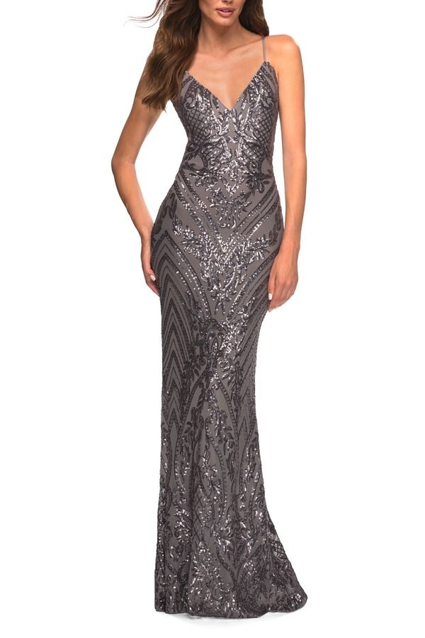 ラフェム レディース トップス ワンピース プリント スパンコール La Femme Print Sequin Gown in Jewel Tones with V Neckline Gunmetal ガンメタル