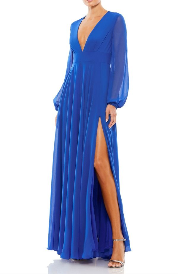 マックダガル レディース トップス ワンピース Vネック シフォン Mac Duggal VNeck Illusion Long Sleeve Chiffon Gown Royal Blue ブルー