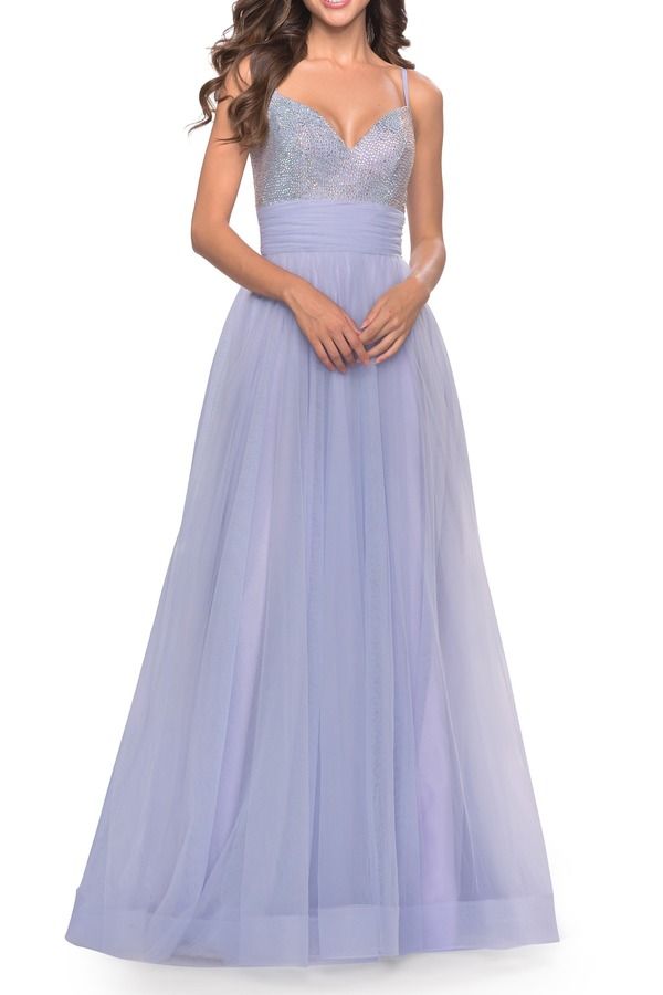 ラフェム レディース トップス ワンピース チュール スカート La Femme Tulle Gown with Full Skirt and Rhinestone Bodice in Bright Colors Light Periwinkle
