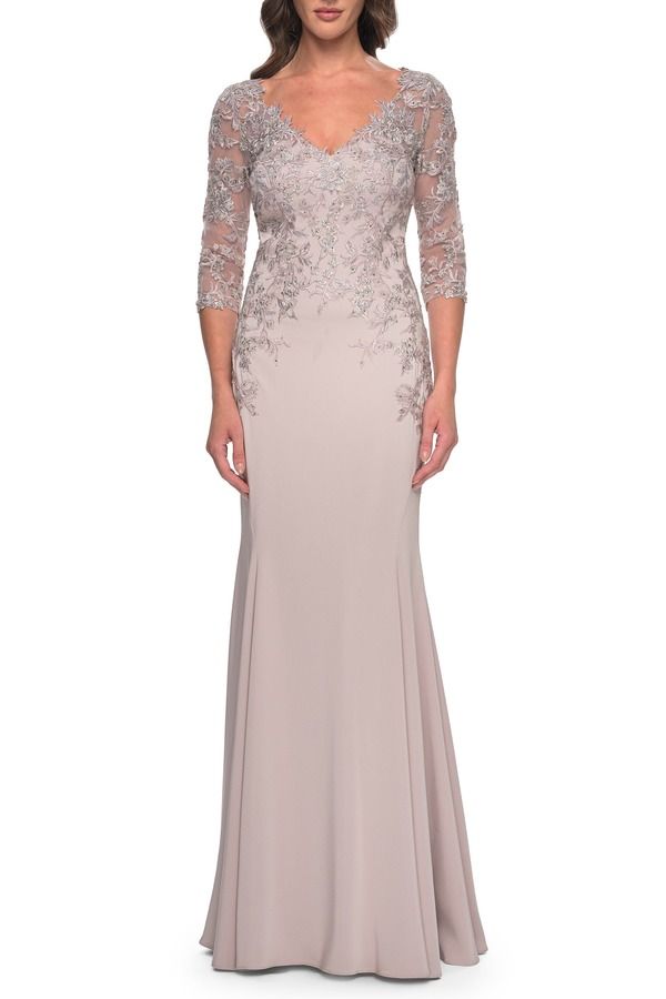 ラフェム レディース トップス ワンピース サテン レース La Femme Fitted Long Satin Dress with Lace Bodice and Sleeves Champagne シャンパン