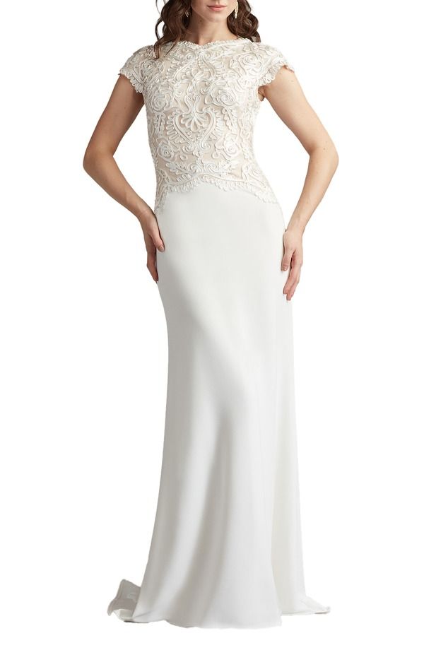 タダシショージ レディース トップス ワンピース キャップ レース Tadashi Shoji Soutache Lace Cap Sleeve Trumpet Gown Ivory Petal アイボリー