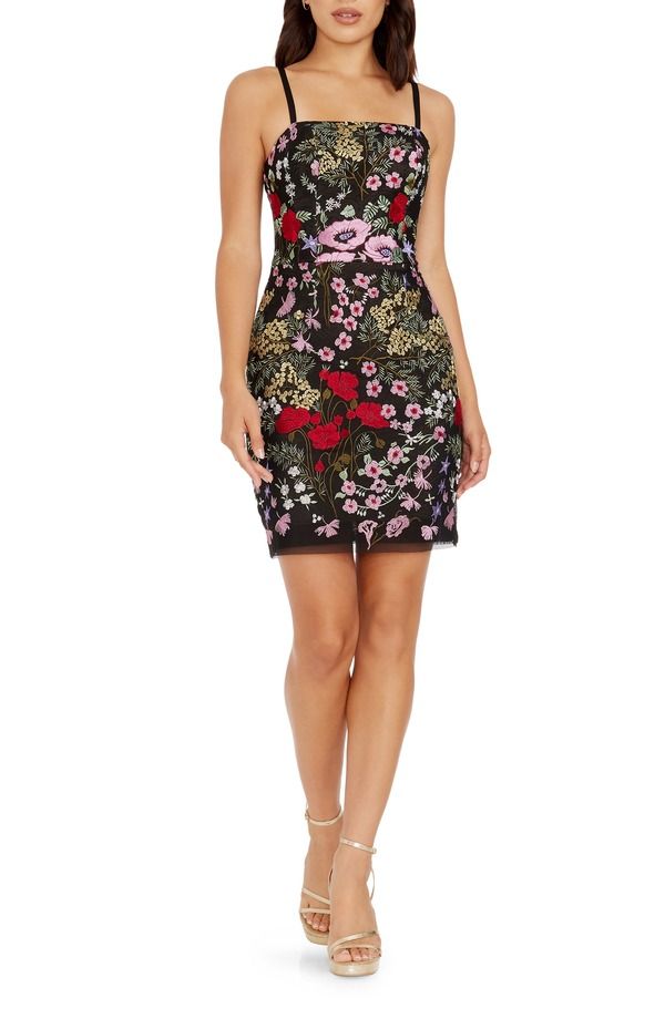 ドレスザポプレーション レディース トップス ワンピース フラワー柄 ミニ 刺繍 フラワー Dress the Population Kyla Floral Embroidered Cocktail Minidress Black Rouge Multi ブラ